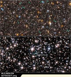 La imagen superior es una mitad del campo de visión del Telescopio Espacial Hubble en la Búsqueda de Planetas Extrasolares por la Ventana de Eclipse Sagitario (SWEEPS). Los círculos verdes identifican a 9 estrellas que son orbitadas por planetas con periodos de pocos días. El marco inferior identifica una de dos estrellas en el campo donde los astrónomos pudieron medir por espectroscopia el bamboleo atrás y delante de la estrella debido al tiro del planeta. Créditos: NASA, ESA, K. Sahu (STScI) y el equipo científico del SWEEPS