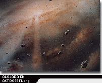 La imagen muestra la escena en la regi�n de la Tierra menos de un mill�n de a�os despu�s de que se formara el Sol. Peque�os granos de polvo se agrupan en planetesimales, las semillas de los futuros planetas. 
Pintura con copyright de William K. Hartmann / Cortes�a del <a href="http://www.psi.edu/">Instituto de Ciencia Planetaria</a>
<a href="http://planetquest.jpl.nasa.gov/science/hartmann_disk.html">Ampliar Imagen</a>