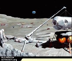 Concepci�n del artista Pat Rawling de una base lunar con personal. 
[<a href= http://www.spaceflight.nasa.gov/gallery/images/mars/lunarbases/html/s84_43855.html target=_blank>M�s informaci�n</a>]
