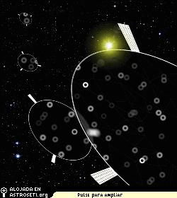 Representaci�n art�stica de los discos voladores de 60 cent�metros de di�metro. Son transparentes, pero difuminan la luz transmitida en una dona, como se muestra en las estrellas de fondo. La luz solar transmitida tambi�n se disemina, de modo que no llega a la Tierra.
Cr�dito: Roger Angel/Tom Connors, Universidad of Arizona 