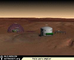 Dibujo conceptual de una base en Marte basada en bio-energ�a. Se puede ver un invernadero, c�lulas de combustible microbianas, y compartimentos para cultivo de algas. Imagen de Chris Lund.
Cr�dito: IntAct Labs