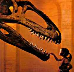Dos especies que se saludan entre sí, separadas por épocas. Un homo sapiens toca el incisivo de un dinosaurio.