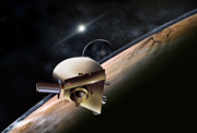 Concepto artstico de la nave New Horizons durante un encuentro planeado con Plutn y su luna, Caronte. Crditos: The Johns Hopkins University Applied Physics laboratory, New horizons. (Laboratorio de fsica aplicada Nuevos horizontes, de la Universidad John Hopkins).