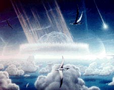 Esta pintura representa un asteroide chocando contra los llanos mares tropicales de la península rica en azufre de Yucatán, en lo que es hoy el sureste de México. Se cree que la consecuencia de esta inmensa colisión asteroidal, que ocurrió hace aproximadamente 65 millones de años, fue la extinción de los dinosaurios y de muchas otras especies sobre la Tierra.
Crédito: Donald E. Davis
