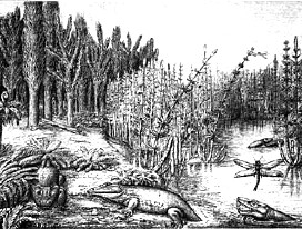 Hace 250 millones de años la vida florecía sobre la Tierra; luego, durante un breve lapso del tiempo geológico casi toda ella fue barrida. Esta imagen es una impresión artística de un pantano del Pérmico Inferior en Texas.
Crédito por la imagen: Universidad de Humboldt