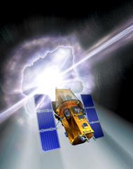 El instrumento SWIFT, entre la concepci�n art�stica de un estallido. 
<i>Imagen: GSFC.</i>
