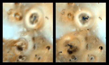 Volcanes en Io, la luna de J�piter, son comparados en estas im�genes de la sonda Galileo de la NASA tomadas a principios de Septiembre de 1996, con las de la sonda Voyager (izquierda) tomadas en 1979.  Prometheus (el anillo brillante arriba a la derecha) fue el primero en ser visto como un volc�n en erupci�n por la sonda Voyager y con un penacho activo todav�a.  Uno m�s peque�o fue descubierto en el volc�n de Culann Patera (zona oscura abajo a la izquierda) por la sonda Galileo [<a href=http://photojournal.jpl.nasa.gov/cgi-bin/PIAGenCatalogPage.pl?PIA00495 target=_blank><u>m�s informaci�n</u></a>]