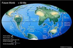 La posible apariencia de la Tierra dentro de 50 millones de a�os. �frica ha chocado con Europa, cerrando el mar Mediterr�neo. El Atl�ntico se ha ensanchado, y Australia ha migrado hacia el norte.
Imagen: Cortes�a Dr. Christopher Scotese
