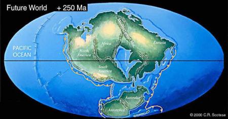 Un mapa del mundo, como aparecer�a dentro de 250 millones de a�os. N�tese el agrupamiento de la mayor�a de las masas de tierra del planeta en un s�per-continente: �Pangea Ultima�, con un mar interior (todo lo que queda del una vez poderoso oc�ano Atl�ntico.
Imagen: Cortes�a Dr. Christopher Scotese
