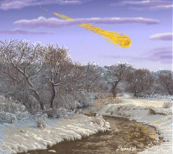 Interpretacin artstica de Duane Hilton del paso de un blido brillante y su estela sobre el paisaje nevado canadiense.