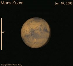 Frank Reddy, autor de Celestial Delights, cre� esta animaci�n mostrando como Marte se dilatar�a en tama�o entre junio y agosto del 2003. Haz  clic <A HREF= http://science.nasa.gov/headlines/y2003/images/approachingmars/ReddyMovie_big.qt>aqu�</A> para ver la pel�cula completa a lo largo del 2003.

