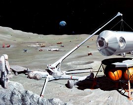 Concepci�n del artista Pat Rawling de una base lunar con personal. 
[<a href= http://www.spaceflight.nasa.gov/gallery/images/mars/lunarbases/html/s84_43855.html target=_blank>M�s informaci�n</a>]
