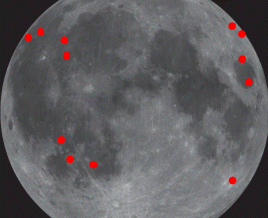 Cada punto rojo indica un impacto de meteorito observado desde noviembre de 2005 por los miembros de la Oficina de Ambiente de Meteoritos de la NASA. 
[<a href= http://www.nasa.gov/centers/marshall/news/lunar/  target=_blank>M�s informaci�n</a>]

