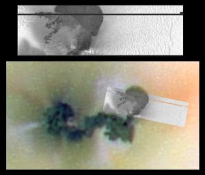 Esta es una imagen de alta resoluci�n de parte del Prometeo, un volc�n activo sobre la volc�nica luna de J�piter, Io. En im�genes previas de menor resoluci�n, parec�a que todo el material oscuro en Prometeo se compon�a de un solo y largo flujo de lava. La nueva imagen muestra por primera vez que el extremo noreste de esta oscura caracter�stica en realidad es una caldera llena de lava de 28 kil�metros de largo (17 millas) y 14 kil�metros de ancho (9 millas). La fuente subterr�nea de la lava del Prometeo probablemente est� debajo de esta caldera reci�n descubierta. Los cient�ficos del Galileo tambi�n est�n intrigados por el campo de nieve que contiene mont�culos, vistos al este de la caldera de Prometeo. [<A HREF=http://photojournal.jpl.nasa.gov/cgi-bin/PIAGenCatalogPage.pl?PIA02508 target=_blank>M�s informaci�n</A>].