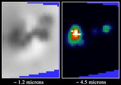 El volc�n activo Prometeo sobre la luna de J�piter, Io, fue retratado por el instrumento el espectr�metro de mapeo del infrarrojo cercano a bordo de la sonda Galileo de la NASA durante el vuelo cercano a Io el 10 de octubre, 1999. El espectr�metro puede detectar volcanes activos en Io midiendo su calor en las longitudes de onda del infrarrojo cercano (justo m�s all� del extremo rojo de la visi�n humana). Tambi�n puede obtener informaci�n de la composici�n de los materiales sobre la superficie de Io usando las mismas longitudes de onda. La imagen de la izquierda, tomada en una longitud de onda infrarroja, muestra las diferentes composiciones de los materiales sobre volc�n. Se cree que los materiales oscuros es silicato de lava y que el material blanco es di�xido de azufre congelado. La imagen de la derecha fue tomada a una longitud de onda infrarroja m�s grande que muestra el calor saliendo del volc�n. Las �reas m�s calientes aparecen en blanco y las m�s fr�as aparecen en negro.  [<A HREF=http://photojournal.jpl.nasa.gov/cgi-bin/PIAGenCatalogPage.pl?PIA02509 target=_blank>M�s informaci�n</A>]. 