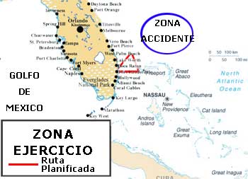 Mapa de la zona de ejercicio de la patrulla perdida y zona en la que se supone desaparecieron