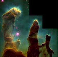 Esta imagen fue tomada por el Telescopio Espacial Hubble. El Interferómetro Keck podrá observar el nacimiento de estrellas dentro de áreas minúsculas de nebulosas tales como la Nebulosa Cabeza de Águila, arriba.